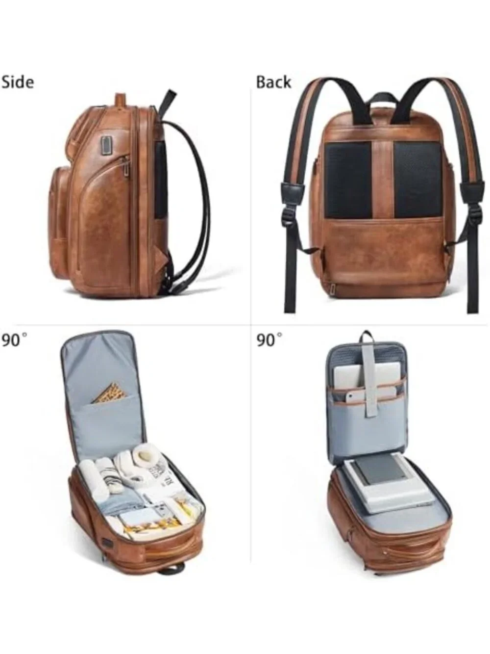 Expandable Vegan Leather Backpack, 40L Travel Bag for Laptops, USB Port, Brown